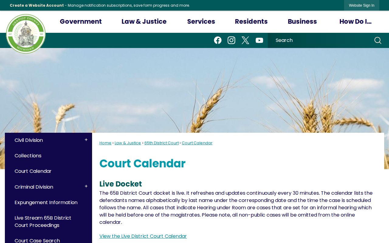 Gratiot County 65B District Court calendar information