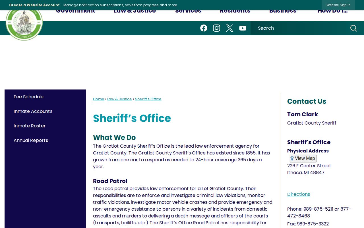 Gratiot County Sheriff's Office page with jail and contact information
