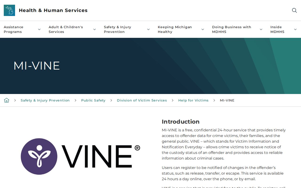Michigan MI-VINE victim notification information