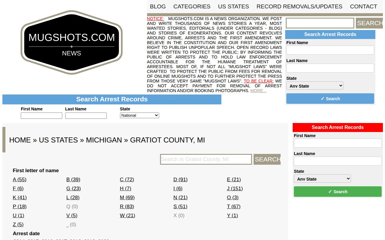 Mugshots.com unofficial Gratiot County archive page