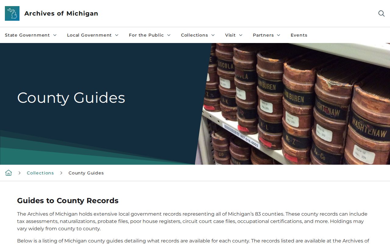 Archives of Michigan county records guide page